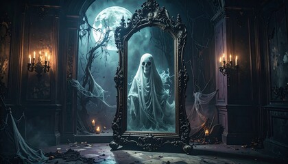A ghostly apparition reflected in an ornate antique mirror within a dark, haunted mansion at night.