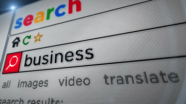 Business text typing on browser screen. Searching internet with monitor pixel display macro view.