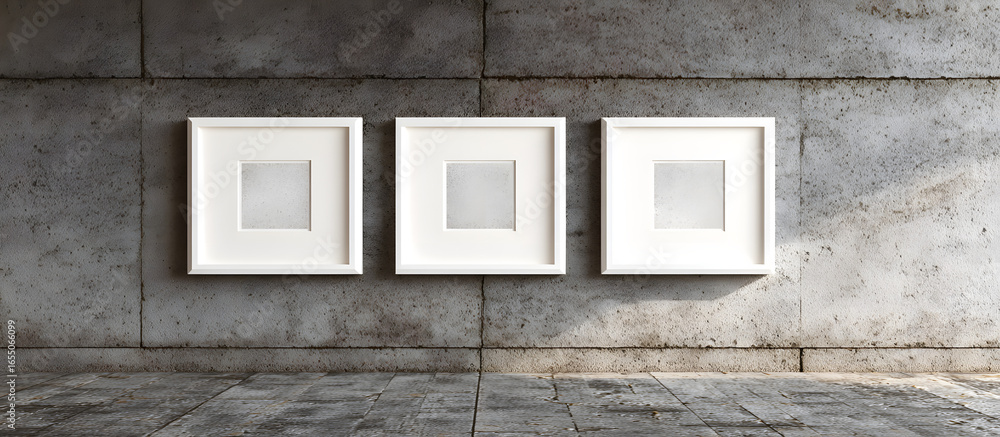 Poster minimalist gallery with three white frames on a textured gray wall, positioned horizontally and cent