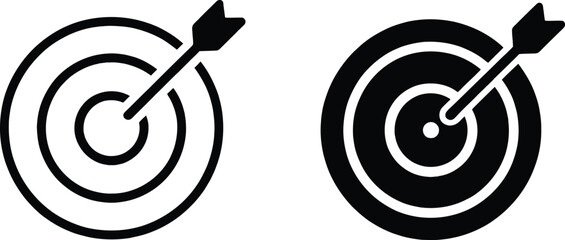Black and White Target with Arrow in Center Icon Set on Transparent Background