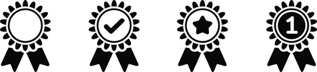 Black Medals with Check Mark, Star, and Number One on White Background Icon Set