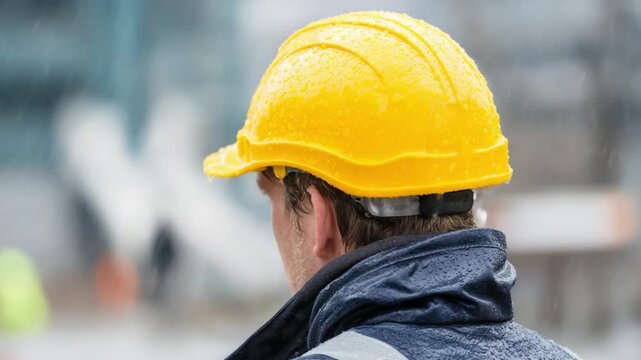 Guardian of the Site: A construction worker, clad in a bright yellow helmet, embodies the essence of diligence, standing firm amidst the backdrop of a bustling construction site.