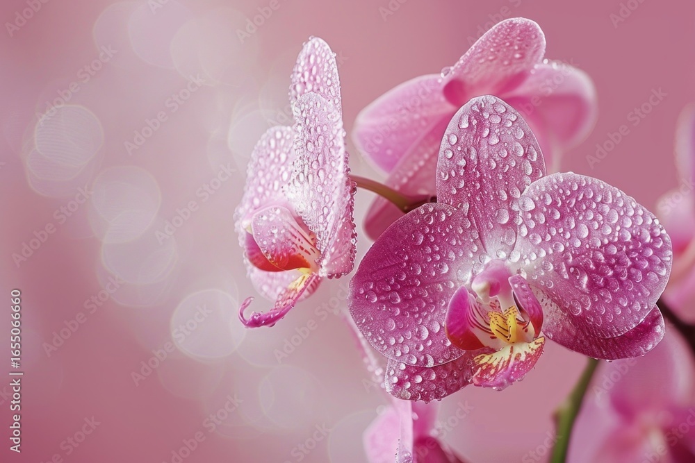 Poster pink orchids with water drops are blooming on a pink background with bokeh effect, creating a delica