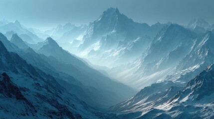 Obraz premium Majestic mountain range covered in snow with a blueish haze aesthetic