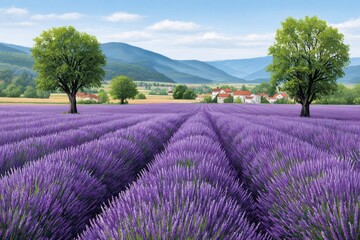 Obraz premium Blooming lavender field in provence with picturesque village and mountains