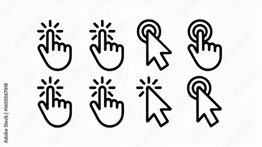Poster hand pointer clicks and cursor icon set for digital interface and website design black line art on w