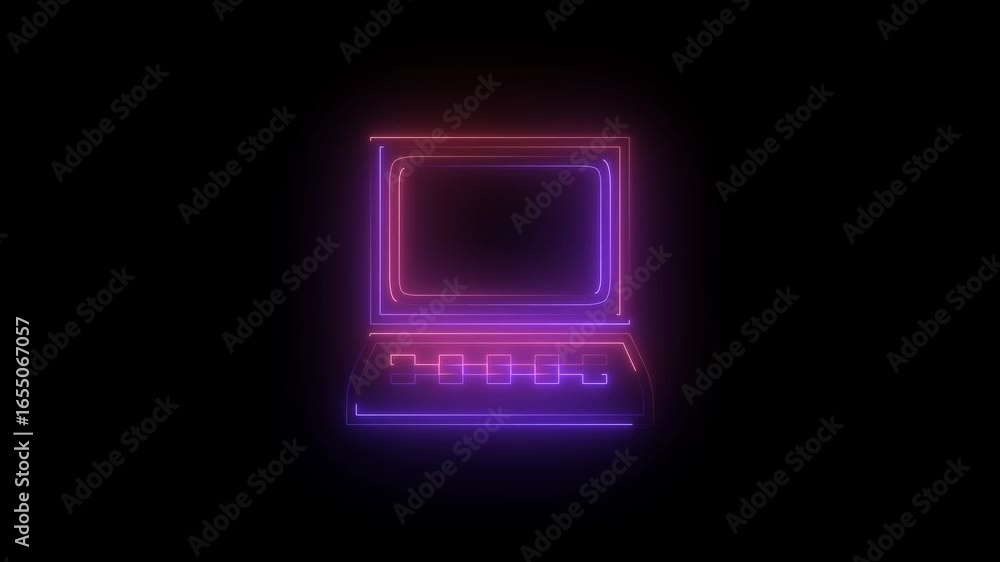Poster animation of neon laptop icon on black background. computer network icon digital and futuristic tech