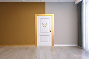A pristine white door with a cheerful golden jack-o'-lantern face decal is centered between a warm mustard-yellow and a cool gray wall.