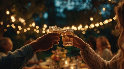 Friends toasting drinks at a lively outdoor dinner party, celebrating together under warm string lights, enjoying the cozy ambiance of a summer evening filled with joy and laughter