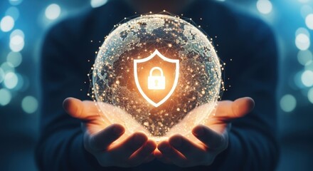 Hands cradle glowing digital shield with lock symbol representing cybersecurity and data protection concept
