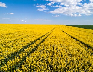 Obraz premium Vast field of vibrant yellow flowers under a partly cloudy blue sky
