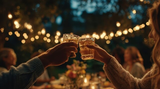 Friends toasting drinks at a lively outdoor dinner party, celebrating together under warm string lights, enjoying the cozy ambiance of a summer evening filled with joy and laughter - Powered by Adobe