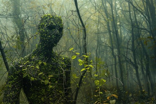 Eerie humanoid figure made of vines and moss stands in a mysterious, foggy forest, creating a spooky and surreal atmosphere - Powered by Adobe