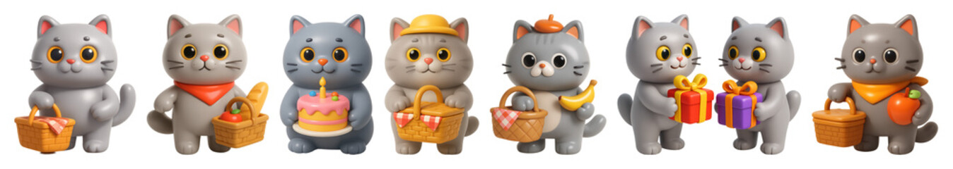 Fototapeta premium PNG Cute cartoon cats celebrating occasions, element set on transparent background