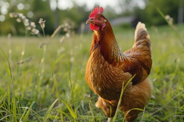 Fototapeta premium Red hen foraging on green grass in a free range farm environment