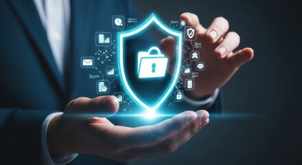 Businessman s hands presenting a glowing digital shield with a briefcase and lock icon symbolizing data protection and cybersecurity