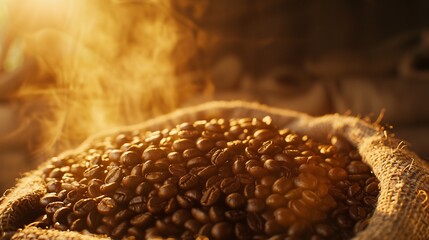 Fototapeta premium Freshly Roasted Coffee Beans, medium roast, glossy texture, spilling from a burlap sack, rustic artisanal roastery vibe, warm light, close up