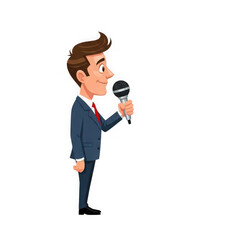 Fototapeta premium A cartoon man in a suit is holding a microphone, giving a speech or presentation, isolated on transparent background, side view illustration