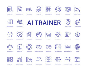 ai trainer trains models, refining datasets, improving AI accuracy icon set