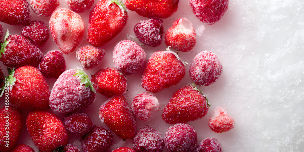 Aufkleber frozen strawberries arranged on a white background with a top view, featuring red and pink hues, cre