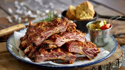 Memphis dry ribs with spiced crust served on blue rimmed plate with cornbread and pickled vegetables on rustic wooden surface