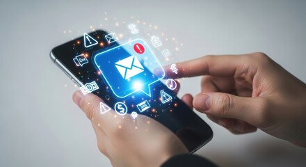 Close up of a hand holding a smartphone displaying a glowing email notification with digital icons surrounding the screen