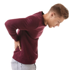 Man suffering from back pain on white background