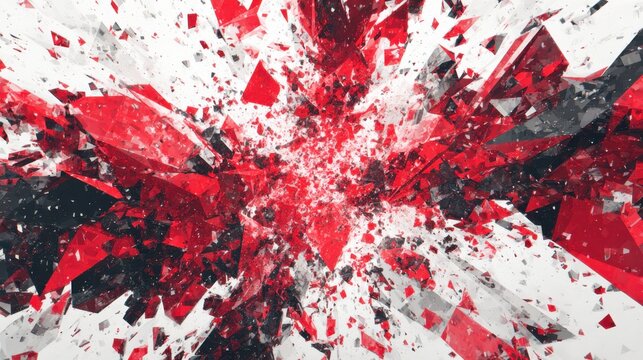 Abstract explosion of red and white geometric shapes reflecting dynamic movement and modern artistic expression