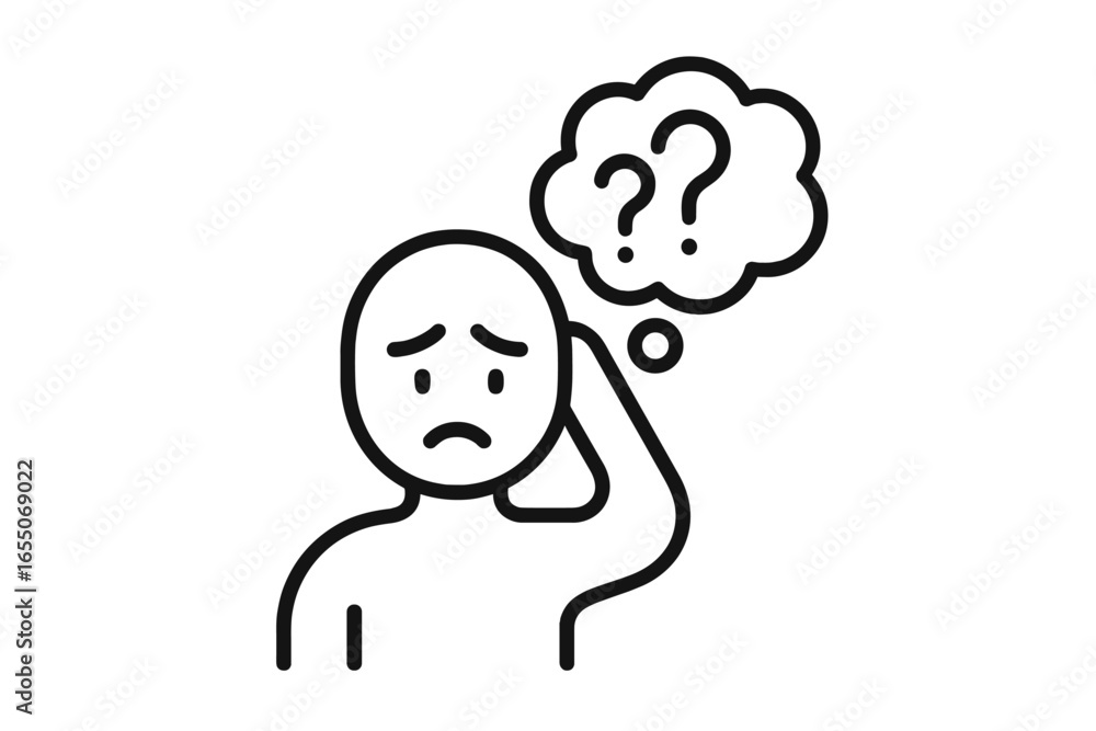 Poster individual showing confusion and uncertainty while pondering a question in a minimalistic style illu