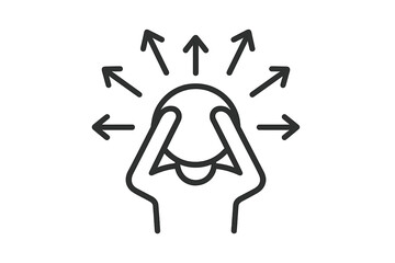 Person holding their head while feeling overwhelmed in a chaotic environment with arrows pointing in various directions