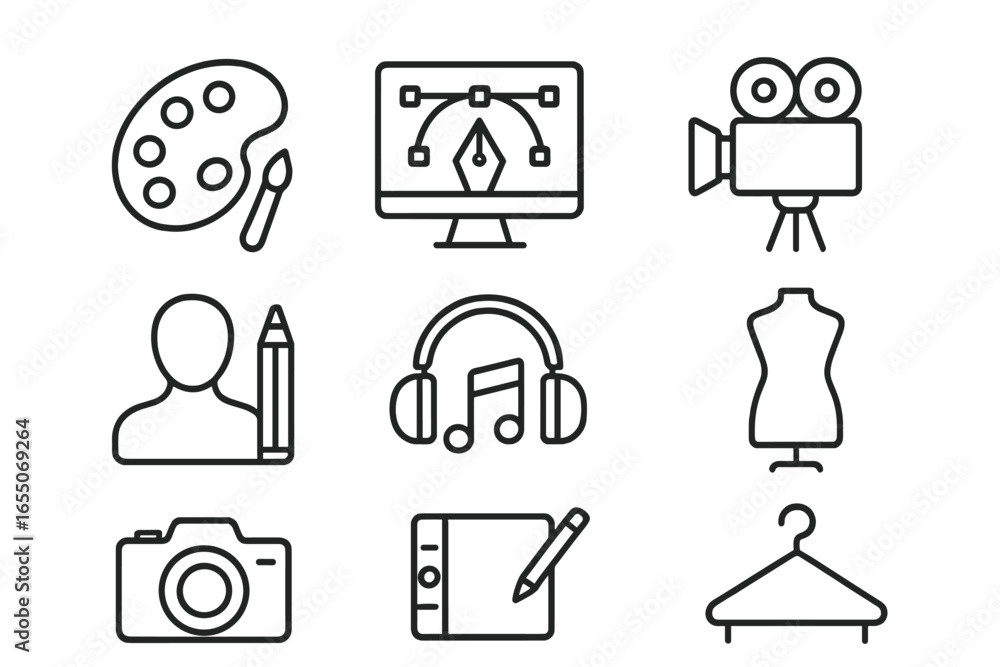 Poster creative tools and symbols represent artistic endeavors in a minimalist design displaying various me