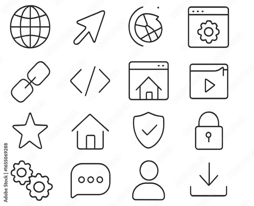 Poster collection of line icons representing technology and web elements, ideal for digital design projects