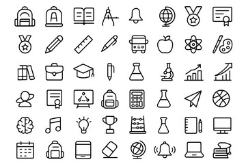 Educational icons collection showcasing various academic themes and tools for learning and teaching