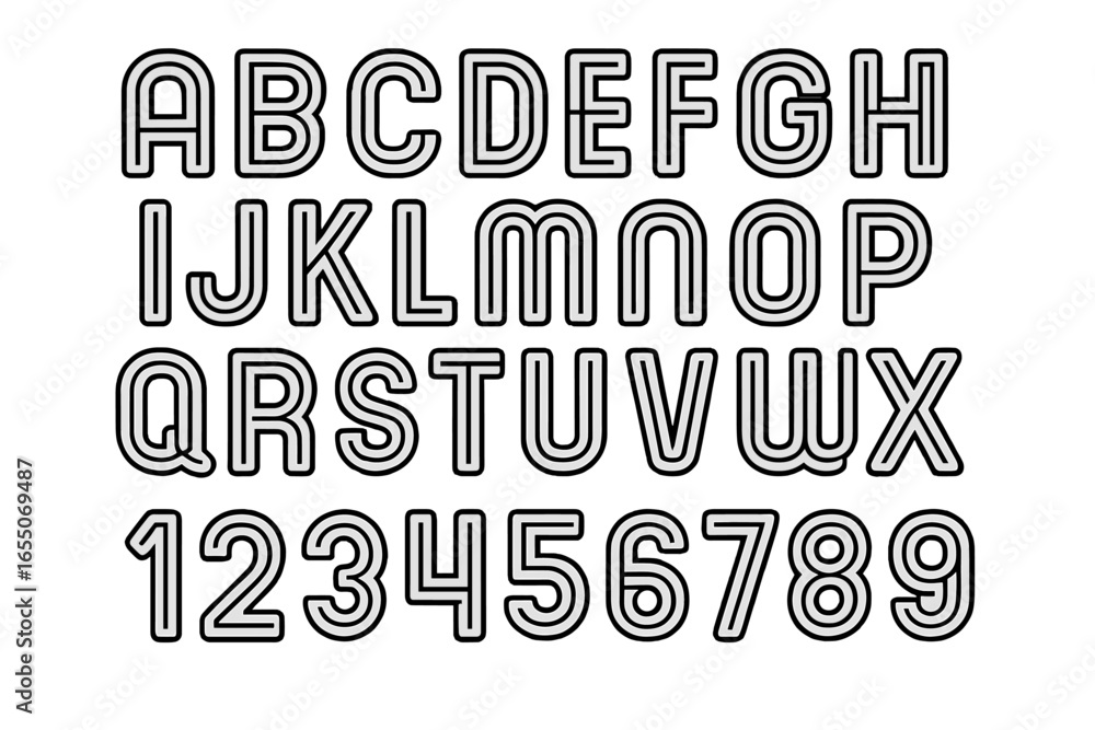 Aufkleber bold outline letters and numbers displayed in a creative layout for design projects and educational 