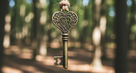 Antique brass key with a heart-shaped handle, hanging by a rope in a forest.