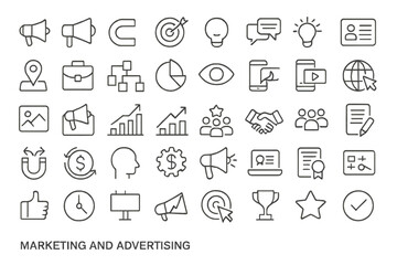 Illustration of various icons representing marketing and advertising concepts on a white background