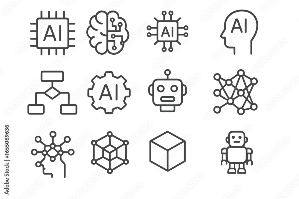 Poster collection of ai-related icons showcasing various aspects of artificial intelligence in modern techn