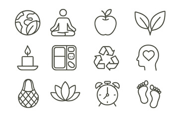 Wellness and mindfulness icons representing a holistic lifestyle with earth, meditation, and nature elements