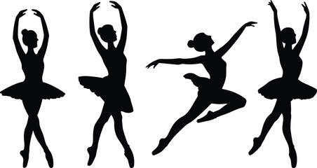 Elegant ballet dancer silhouettes, graceful tutus, classical dance poses, artistic performance, stage elegance, flexibility, poise, movement, beauty, choreography, feminine art, posture, style