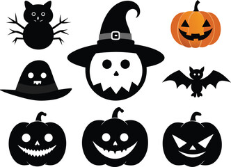 Black Silhouette of a Stylish Beard and Mustache, Pamkin,Halloween Vector Illustration,set of halloween icons,Halloween pumpkin silhouette collection,halloween icon silhouette vector,ghosts silhouette