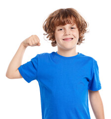 Strength. Happy little boy showing his biceps on white background