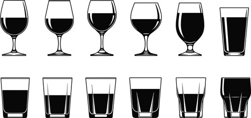 Set of filled wine and short glass silhouettes, diverse drinkware styles for barware, beverage service, restaurant menu, branding, design, packaging concepts