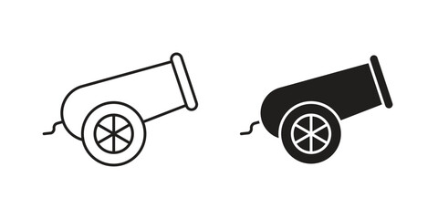 Two cannon icons, one line art and one solid black, isolated on white. Perfect for game design or historical illustrations.