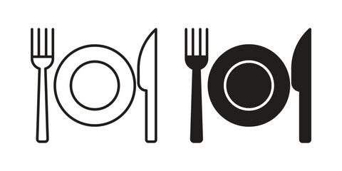 Simple line art and solid black icons of a fork, knife, and plate. Perfect for restaurant menus or websites.