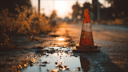 Traffic cone on wet road sunset