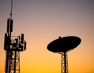Silhouetted Telecommunication Towers Against Vibrant Sunset Sky