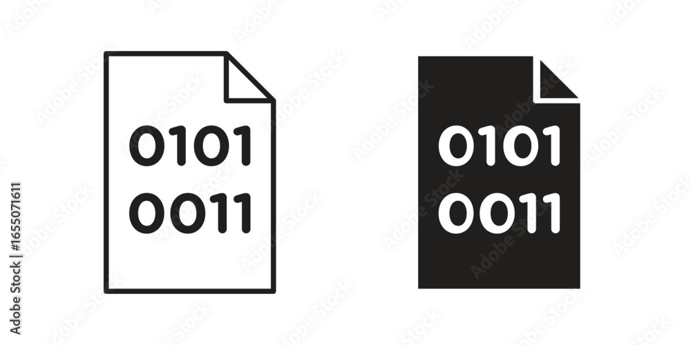 Poster two document icons displaying binary code, one black and one white, isolated on white background.