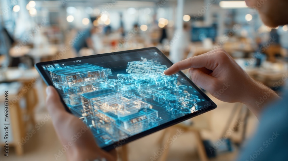 Poster professional industrial engineer working on futuristic digital tablet is using innovative computer a