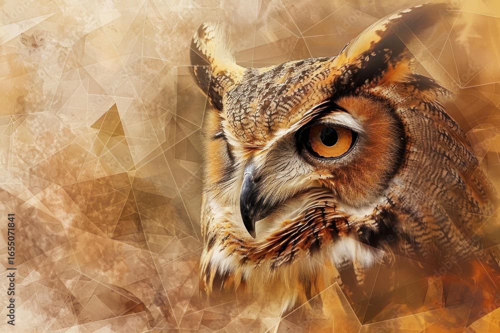 Poster powerful owl portrait overlapping a geometric background, creating a stunning visual effect