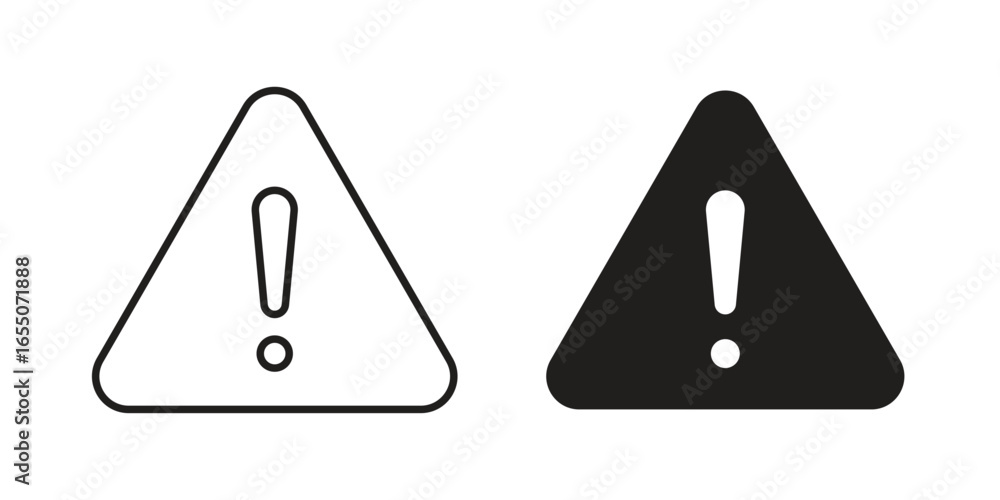 Poster two warning icons, one line art and one filled, inside triangular shapes. isolated on white.
